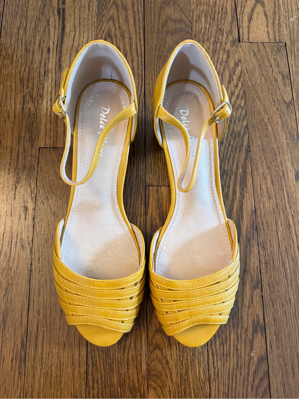 Dolce Nome Yellow T-Strap Peep-Toe Kitten Heels